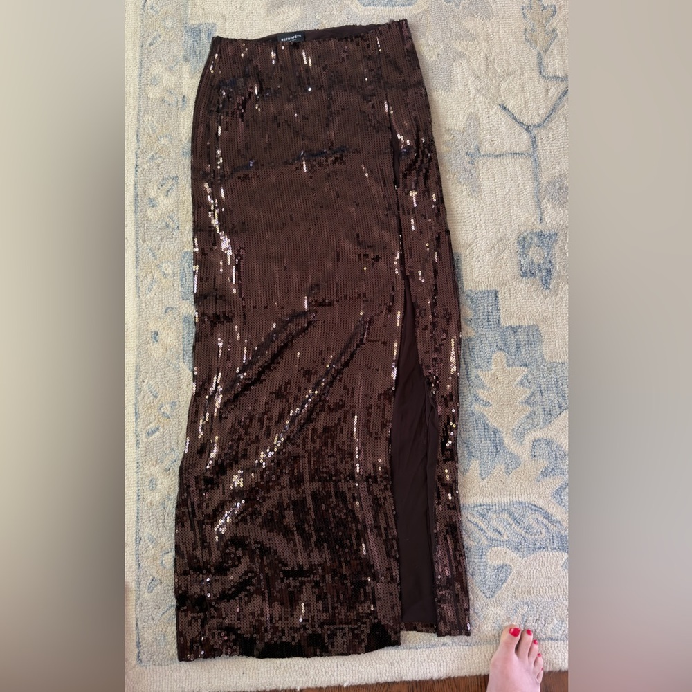 Retrofete Brown Sequin Savannah High Slit Maxi Skirt Size Medium.